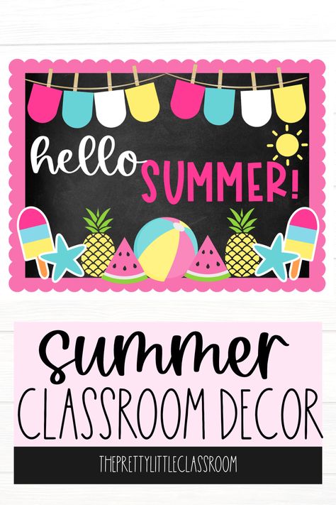 Take a simple approach to decorating your classroom in the last couple of months before summer with this Hello Summer Bulletin Board Kit. Happy Shopping! #classroomdecor #bulletinboard #summerclassroom #theprettylittleclassroom Summer Themed Crafts, Boarders For Bulletin Boards, Summer Bulletin Board, Summer Door Decorations, Bulletin Boards Theme, Summer Plan, Summer Camp Themes, Cute Bulletin Boards, Summer Bulletin Boards