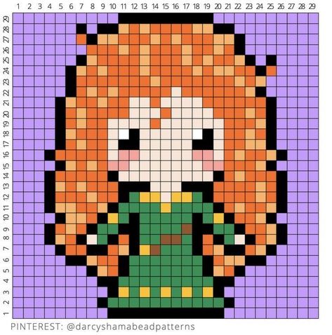 Merida Perler Beads, Pixel Art Pattern Princess, Pixel Art Pattern Disney Princesses, Disney Princess Pixel Art Grid, Pixel Drawing Disney, Pixel Disney Art, Disney Princess Perler Beads, Pixel Art Pattern Disney, Disney Pixel Art Grid