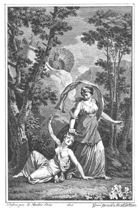 Juno and Callisto, illustration for Guillaume T. de Villenave, Les Métamorphoses d’Ovide (Paris, Didot 1806–07). Jupiter rapes Callisto, and she gives birth to a son shortly after being exiled and for this offense. Juno turns her into a bear, which denies her the ability of speech in the transformation. Callisto herself has not hurt Juno, and if Juno had seen her struggle against Jupiter, she likely would have pitied her. Juno Goddess, Greek Mythology Books, Ovid Metamorphoses, Feminist Artist, Mythology Books, Ancient Goddesses, Literary Devices, Roman Gods, Greek Mythology Art