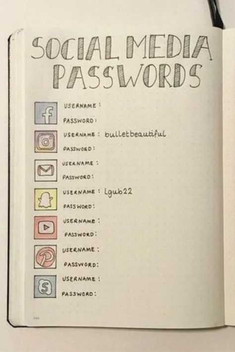 Social Media Passwords, Notesbog Design, Bullet Journal Lists, Bullet Journal Work, خريطة ذهنية, Organizator Grafic, Bullet Journal Ideas Templates, Bullet Journal 2020, Creating A Bullet Journal