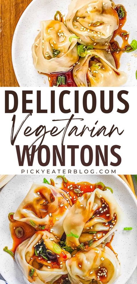 This Vegetarian Wonton Recipe is filled with delicious Asian inspired ingredients including tofu, cabbage, carrots, ginger, mushrooms, and spring onions and served with a soy and sweet chili dipping sauce. Wrapping wontons is easier than you think, and you’ll be ready to serve this simple appetizer or light dinner in just 30 minutes! Wonton Filling Recipes, Vegetarian Wonton, Chili Dipping Sauce, Wonton Appetizers, Wonton Recipe, Wonton Wrapper Recipes, Vegetarian Asian, Sweet Chili Dipping Sauce, Asian Appetizers