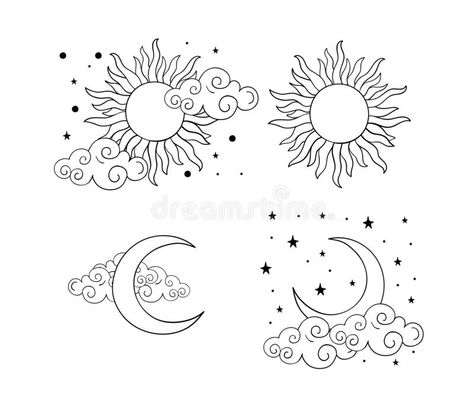 Moon Sun Tattoo, Sun Drawing, Boho Tattoos, Cloud Tattoo, Doodle Tattoo, Sun Tattoos, Images Kawaii, Moon Drawing, Linear Design