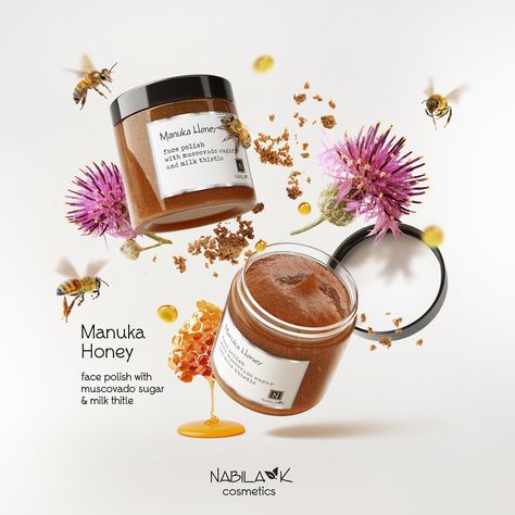 Kiss goodbye to harsh scrubs!  Discover a gentle, all-natural glow with Nabila K's Manuka Honey Face Polish.    This sweet blend of Manuka honey, muscovado sugar, and milk thistle buffs away dullness without irritation, leaving your skin soft, smooth, and sweetly scented. It's the bee's knees for a radiant complexion! ⁠ 🍃 Head to the link in bio to read more.⁠⁠ ⁠ .⁠ .⁠ .⁠ .⁠ .⁠ ⁠#NabilaKCosmetics #NabilaK #ManukaHoney #HoneySkincare #FaceBalm #CleanBeauty #SustainableBeauty #NaturalSkincare Cny Packaging, Tea Ads, Honey Skin Care, Kiss Goodbye, Indesign Layout, Creative Photography Projects, Education Poster Design, Face Balm, Face Polish