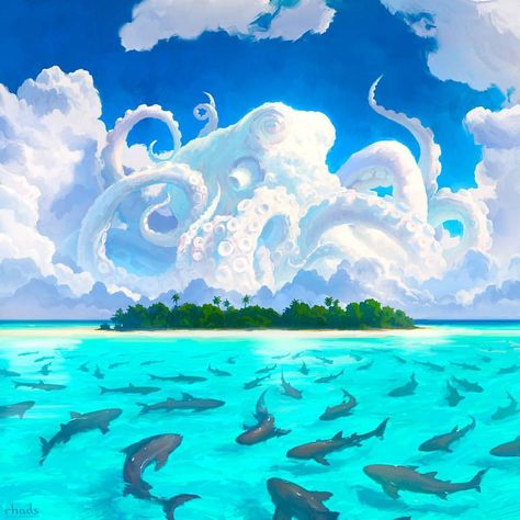 7,964 Likes, 104 Comments - Artem RHADS Chebokha (@rhads001) on Instagram: “2017 Dangerous Waters #rhads #digitalart #octopus #sky #clouds” Arte Indie, Indie Art, Arte Fantasy, 판타지 아트, Fantasy Landscape, Pink Floyd, Painting Inspiration, Dolphins, Amazing Art