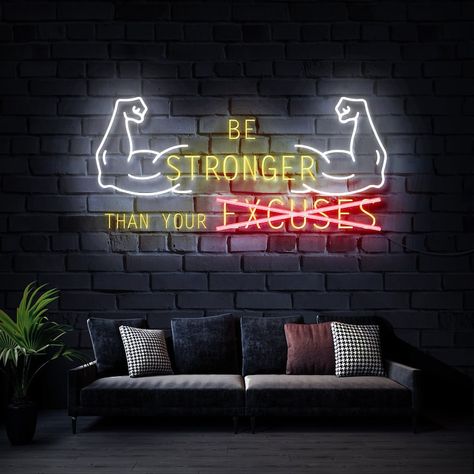 Be Stronger Than Your Excuses Neon Sign,stronger Led Sign,muscle Neon Sign,personalize Fitness Neon Sign,fitness Wall Art,gym Office Decor - Etsy Kenya Gym Selfie Wall, Fitness Neon Sign, Gym Office Design, Active Quotes, Neon Fitness, Gym Neon Sign, Neon Gym, Fitness Wall Art, Be Stronger Than Your Excuses