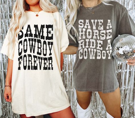 "Same Cowboy Forever Shirt, Save A Horse Ride A Cowboy Shirt, Western Bachelorette, Nashville Bach, Austin Bachelorette Shirt, Cowgirl Bride *IMPORTANT PLEASE READ BEFORE PURCHASING* My store uses DTG (Direct to Garment) printing. This means the design is printed into the garment. This means it is designed to last longer than other printing processes. Due to this printing process the design colors may not be as vibrant as shown in the photos. There may at times be a slight difference between rea Simple Bachelorette Outfits, Same Cowboy Forever, Same Cowboy Forever Bachelorette, Bachelorette Party Outfit Nashville, Nashville Bachelorette Outfits, Bach Tshirts, Western Bachelorette Party Outfits, Cowgirl Bachelorette Party Outfits, Country Bachelorette Party Shirts