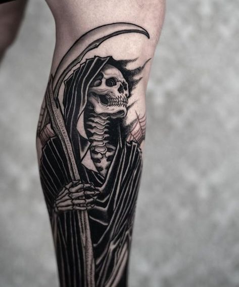 Gotik Tattoo, Skull Tattoo Flowers, Satanic Tattoos, Lower Leg Tattoos, Shin Tattoo, Grim Reaper Tattoo, Full Leg Tattoos, Reaper Tattoo, Skull Sleeve Tattoos