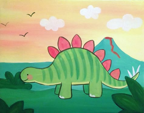 Kids Drawing Projects, Easy Dinosaur Drawing, Directed Drawing Kindergarten, Diy Painting Canvas, Trin For Trin Tegning, Basic Drawing For Kids, Dinosaur Painting, Kindergarten Art Lessons, Pinots Palette