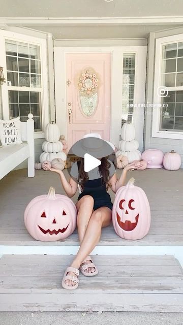 Trish 💕 Beautiful Lifestyle Blogger on Instagram: "DIY Pumpkin makeover! Pink Terracotta style! Comment “shop” for the links!  How cute are these giant Jack o lanterns I found! I absolutely love how big they are, but really didn’t want them orange, so of course I painted them! I used @rustoleum Rustic Pink spray paint and love how they turned out! What do you guys think of my #pinkoween porch?? 
.
.
Front porch - pink Halloween- home decor- home decorations - home decorating- Halloween party - Halloween decorations - betterhomesandgardens- diy - diy crafts - diy projects- diy home decor - pinkoween 
.
.
#pink #pumpkin #pumpkins #jackolantern #pumpkinpatch #pumpkincarving #pumpkinseason #diycrafts #diy #diyhomedecor #diyprojects #diyproject #pinkhalloween #halloweendecor #halloweendecorati Pumpkin Makeover, Pink Spray Paint, Decorating Halloween, Pink Terracotta, Beautiful Lifestyle, Jack O Lanterns, Pink Pumpkin, Diy Pumpkin, Instagram Diy