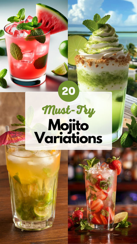 Mojito Flavors and Variations Types Of Mojitos, Flavored Mojito Recipe, Mojito Bar Drink Stations, Mojito Variations, Mojito Flavors, Tropical Mojito, Mojitos Recipe, Mango Mojito Recipe, Mojito Drinks