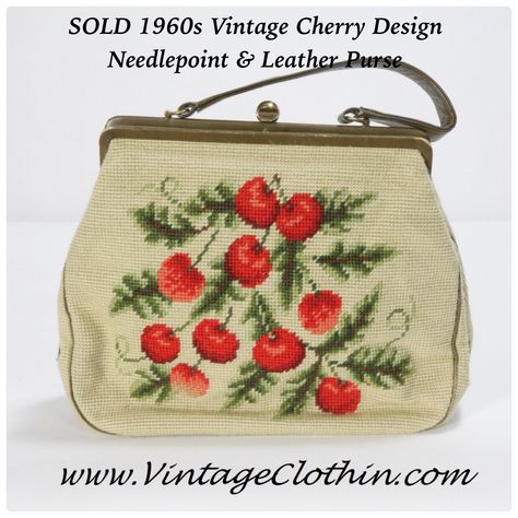 SOLD 1960s Vintage Cherry Design Needlepoint & Leather Purse This beautiful purse is on the way to its new owner in California enjoy the handbag. Thank you. www.vintageclothin.com #vintage #vintageclothin #vintageseller #vintagestore #vintageshop #sold #thankyou #happycustomer #gratefulseller #needlepoint #purse #vintagepurse #handbag #needlepointpurse 60s Purse, Cherry Design, Flower Purses, Vintage Cherry, Needlepoint Tapestry, 1950 Vintage, Green Purse, Vintage Needlepoint, Vintage Purses