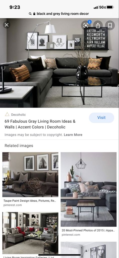 Taupe And Black Living Room, Grey Painted Walls, Black Couches, Taupe Paint, Taupe Walls, Living Room Decor Gray, Black Living Room, Black Furniture, Living Room Grey