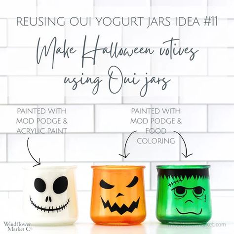 spice Oui Jar Halloween Projects, Halloween Crafts With Glass Jars, Reuse Oui Yogurt Jars, Halloween Oui Jars, Yogurt Jar Ideas, Martinellis Apple Juice Bottle Ideas, Recycled Jar Crafts, Oui Yogurt Jars Ideas Halloween, Oui Jar Ideas