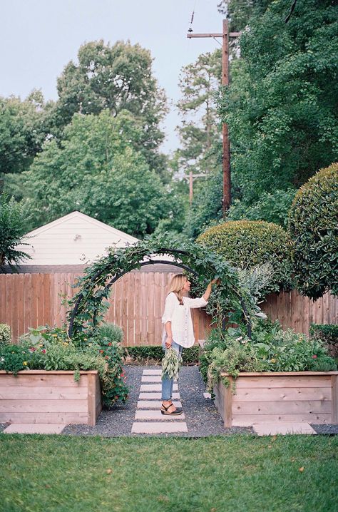 Front Garden Allotment, Small Garden With Arch, Archway To Garden, Walk Through Garden Backyards, Four Raised Garden Beds, Raised Flower Beds With Trellis, Garden Arched Trellis Ideas, Yard To Garden Transition, Backyard Arch Garden Ideas