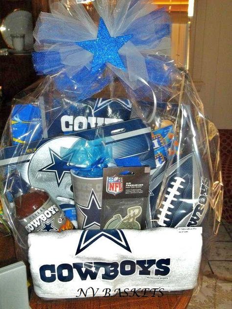 Cowboy Basket Dallas Cowboys Gift Basket, Basket Raffle, Auction Gift Basket Ideas, Fundraiser Baskets, Dallas Cowboys Gifts, Raffle Ideas, Theme Baskets, Movie Night Gift Basket, Laredo Texas