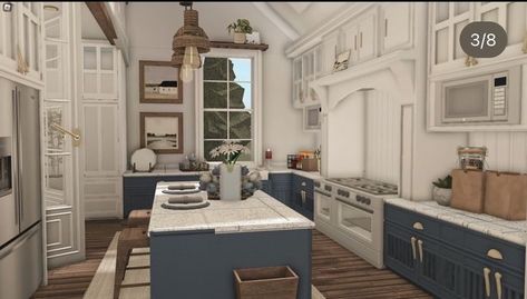 bloxburg kitchen ideas Layouts For Bloxburg Houses, Traditional Bloxburg House Ideas, Bloxburg Inspo Realistic, Bloxburg Old Money Kitchen, Modern Fall House Bloxburg, Bloxburg Hall Ways Ideas, Blue Bloxburg Kitchen, Bloxburg Interior Kitchen, Bloxburg Mediterranean Kitchen