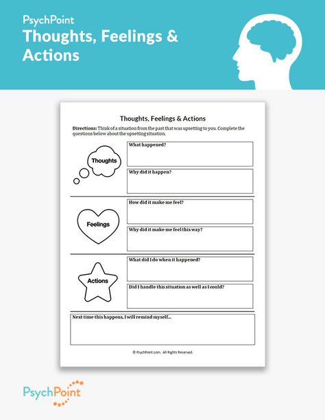 Thoughts, Feelings & Actions Thoughts Feelings Actions Worksheet, Psychology Activities, Thoughts Feelings Actions, Performance Psychology, Thoughts Worksheet, Counselling Worksheets, Brain Psychology, Crisis Response, Text To Self Connection