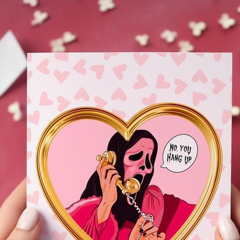 Jessica Purnell - Alternative Illustration on Instagram: "“No you hang up 📞” Looking for a unique and unforgettable Valentine's Day card? 🖤 Look no further than our Valentine Ghost Face Card. This horror-inspired card is perfect for horror movie lovers and those with a dark sense of humor. Featuring a spooky ghost face and the iconic "Scream" mask, this card is sure to bring a smile to your loved one's face. Whether you're celebrating Valentine's Day or an anniversary, our Horror Valentine card is the perfect choice. Give the gift of laughter and scares with this funny and creepy Valentine's Day card. Don't wait, order yours today and show your special someone just how much you care. HorrorValentine #ValentinesDayCard #ScreamValentine #AnniversaryCards #HorrorMovieCard #ScaryMovieCar Alternative Illustration, Carvings Designs, Valentine Ghost, Halloween Pumpkins Carvings Designs, Scream Mask, Pumpkin Carving Designs, Movie Card, Dark Sense Of Humor, Halloween Pumpkins Carvings