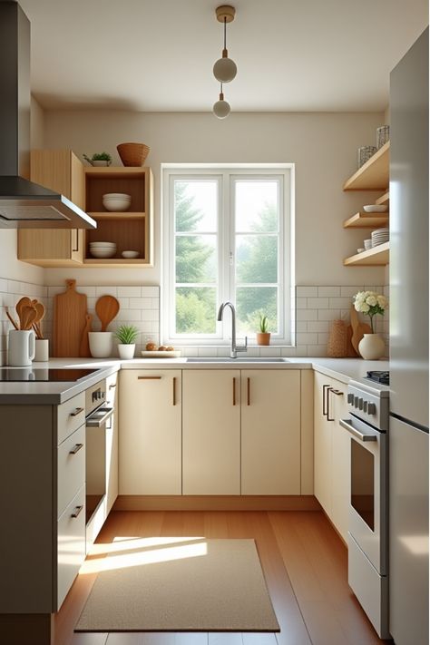 Cost-effective small kitchen renovation with modern appliances Light Small Kitchen Ideas, Small Kitchen Light Wood Cabinets, Small Neutral Kitchen, Small Kitchen Galley, Small U Kitchen, Tiny L Shaped Kitchen, Lowes Kitchen Cabinets Wood, Small Condo Kitchen Remodel, White U Shaped Kitchen