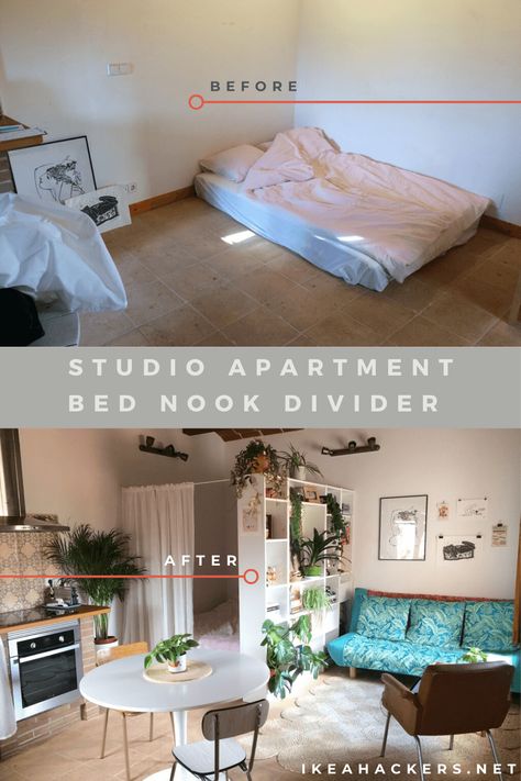 Studio Apartment Bed, Small Studio Apartment Decorating, Apartment Bedding, A Studio Apartment, Studio Apartment Design, Studio Apartment Living, Apartment Studio, Barcelona Apartment, Studio Apartment Divider