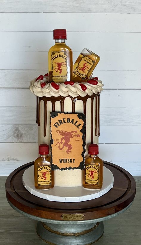 Fireball Cake Ideas, Fireball Themed Cake, Fireball Themed Birthday Party, Fireball Themed Party, Fireball Cake Design, Fireball Birthday Cake, Alcohol Themed Cakes For Men, Fireball Cake, Liquor Cupcakes