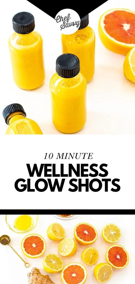 Save this Quick & Easy Homemade Wellness Glow Shots Recipe!  Wellness Glow Shots are a quick and convenient way to give your body a quick nutrient boost! These concentrated shots are packed with vitamins, minerals, and antioxidants, designed to support your immune system and boost energy levels! Follow Chef Savvy for more Healthy Smoothies & Juices! Energy Shots Recipe, Homemade Wellness Juice Shots, Homemade Dose Liver Shots, Homemade Health Shots, Health Shots Recipe For Skin, Energy Shots Homemade, Health Shots Recipe, Juicing Shots, Juice Shots Recipes