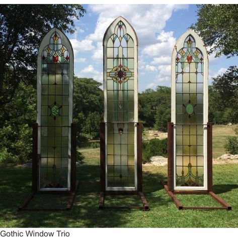 Stained glass windows for Lexie’s wedding Shed Wedding, Architecture Gallery, Stained Glass Frames, Gothic Window, Rustic Wedding Backdrops, Church Office, Gothic Windows, Window Stained, Stained Glass Door