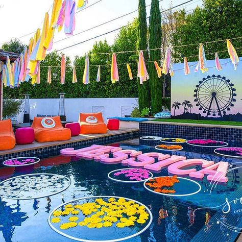 By a Pro: Creative 70th Birthday Party Ideas by a Professional Giant Numbers, Coachella Theme, Floating Letters, Coachella Party, Floating Decorations, Large Pool, Pool Party Decorations, Pool Birthday, Mandap Decor