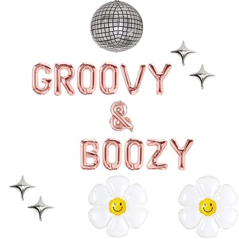 PRICES MAY VARY. 16" GROOVY & BOOZY letter balloons; Not helium supported. 4 stars, 2 daisy, 1 disco. Groovy And Boozy, Dazed And Engaged Bachelorette Party, Dazed And Engaged Bachelorette, Retro Bachelorette Party, Retro Bachelorette, Bridesmaid Favors, Bachelorette Decorations, 70th Birthday Parties, Balloon Banner