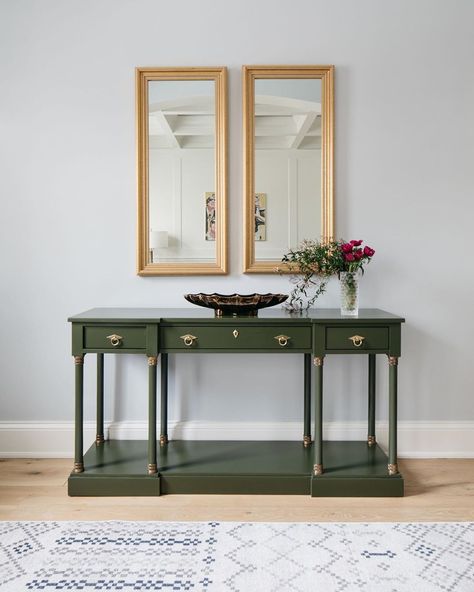 MegMade (@megmade) • Instagram photos and videos Green Entry Table, Banquette Table, Entrance Tables, Green Accent Walls, Kitchen Banquette, Console Table Styling, Green Furniture, House Color, Table Styling