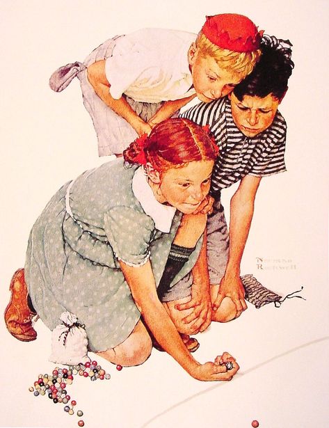 "Marble Champion"-Norman Rockwell                                                                                                                                                      More Norman Rockwell Prints, Norman Rockwell Art, Saturday Evening Post Covers, Rockwell Paintings, Norman Rockwell Paintings, Frank Stella, Children Playing, Henri Rousseau, Foto Vintage