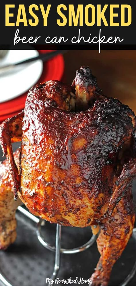 Hang out by the grill tonight and make this smoked beer can chicken recipe! This smoked Beer Can Chicken is one of the easiest and most delicious ways we like to have dinner on the weekend. #smokedchicken #bbqchicken #beercanchicken #chicken #smokedbbqchicken #bbqbeercanchicken Chicken On The Smoker, Smoked Beer Can Chicken, Smoked Chicken Recipes, On The Smoker, Can Chicken Recipes, Can Chicken, Beer Can Chicken, Pellet Grill Recipes, Smoked Meat Recipes