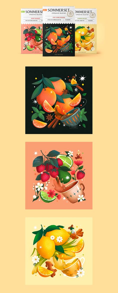 Tea Illustration, Tea Packaging Design, الفن الرقمي, Logos Ideas, Tea Design, Food Graphic Design, Fruit Illustration, Graphic Design Packaging, Grafic Design