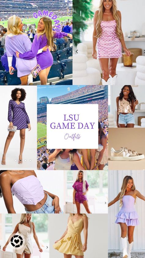 Purple And Yellow Gameday Outfit, Gold Game Day Outfit, Lsu Tailgate Outfit, Purple Gameday Outfit, Purple Game Day Outfit, Lsu Game Day Outfit, Football Jersey Dress, College Game Day Outfit, Girls Football Outfit