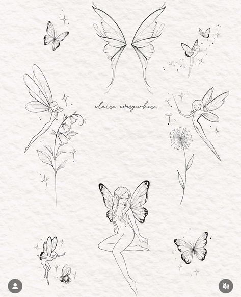 Fairy Tattoo For Women, Pixie Butterfly Tattoo, Daisy Fairy, Unique Tattoo Ideas Sketches, Mystical Butterfly Tattoo, Daisy Fairy Tattoo, Fairy Garden Ideas Tattoo, Dancing Fairies Tattoo, Quarter Sized Tattoos