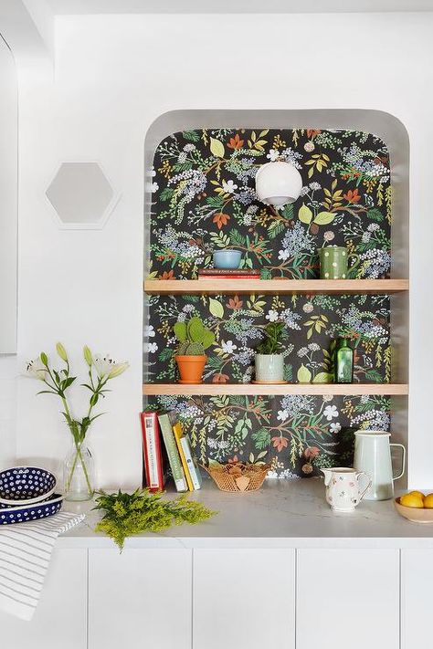 Nook With Wallpaper, White Kitchen Shelves, Flat Front Cabinets, Large Kitchens, Wallpaper Cabinets, Botanical Kitchen, Walnut Floating Shelves, Bold Kitchen, Oak Floating Shelves