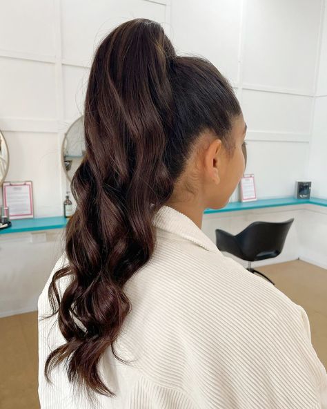 clip-in ponytail, ponytail, pony, pony goals, brunette, Zala hair extensions, hair extensions, long hair, length, hairstyle, curls, updo Ponytail With Curls In The Back, Curls Hair Updos, High Pony With Waves, High Wavy Ponytail Hairstyles, High Pony Curled Hair, Slick Back Pony With Curls, High Ponytail Wavy Hair, Curls Ponytail Hairstyles, Ponytail With Curls At The End