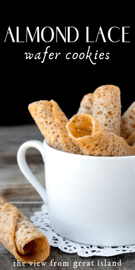 Orange Lace Cookies, Almond Wafer Cookies, Tuile Cookies Recipes, Almond Lace Cookies Recipes, Crispy Almond Cookies, Wafer Cookies Recipe, Almond Lace Cookies, Lace Cookies Recipe, Salted Caramel Pretzels