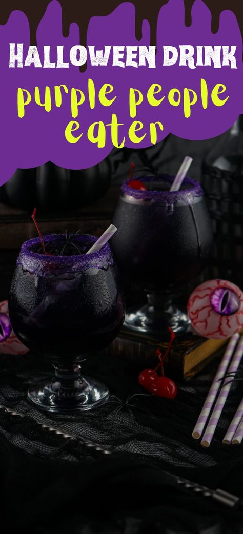 Purple people eater cocktail Purple Tequila Drinks, Purple Halloween Drink, Halloween Bucket Drinks, Purple Halloween Punch, Purple Punch Recipes, Purple Treats, Halloween Martini, Spooky Board, Punch Halloween