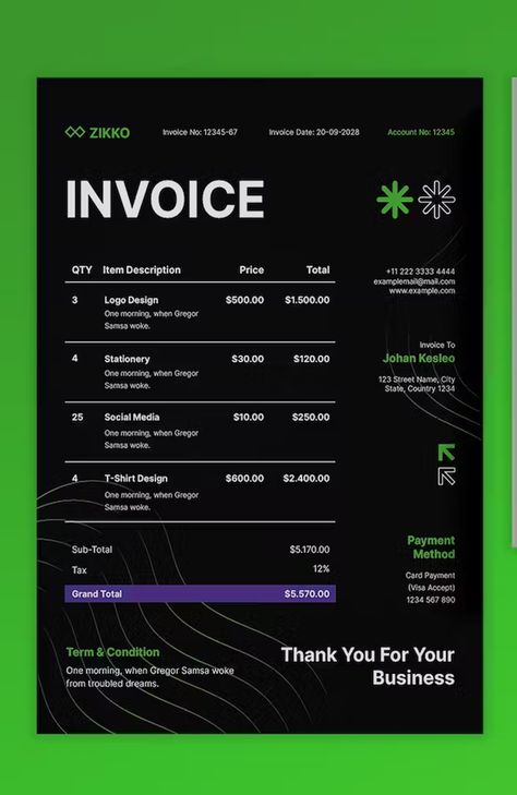 Green Modern Invoice Template AI, EPS, PSD Creative Invoice Design, Invoice Design Creative, Invoice Design, Image Notes, Street Names, Invoice Template, Cmyk Color, Print Templates, Colorful Prints