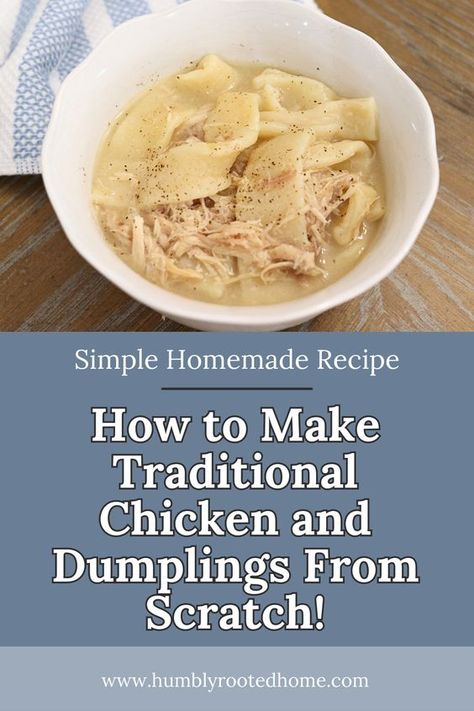 This homemade chicken and dumplings recipe is the perfect southern comfort food for a cold night. With just a few simple ingredients, you’ll have a big pot of delicious flat dumplings and tender chicken in a creamy broth that the whole family will love! #fromscratch #homemaderecipe #southernrecipe #chickenanddumplings #homesteadkitchen #dumplins #novegetables #traditional #easyrecipe Southern Dumplings Recipe, Old Fashioned Dumplings Recipe, Old Fashioned Chicken And Dumplings Recipe, Flat Dumplings, Old Fashioned Chicken And Dumplings, Chicken And Dumplings Southern, Chicken And Dumplin Recipe, Homemade Chicken And Dumplings Recipe, Food For A Cold