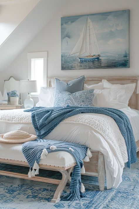 29 Beachy Boho Bedroom Ideas for a Serene Coastal Escape 12 2 Person Bedroom Ideas, Beachy Bedroom Ideas Coastal Style, Coastal Master Bed, Costal Bedroom Idea, Coastal Guest Bedroom Ideas, Nautical Bedroom Ideas, Coastal Chic Bedroom, Coastal Style Interior, Beachy Boho Bedroom