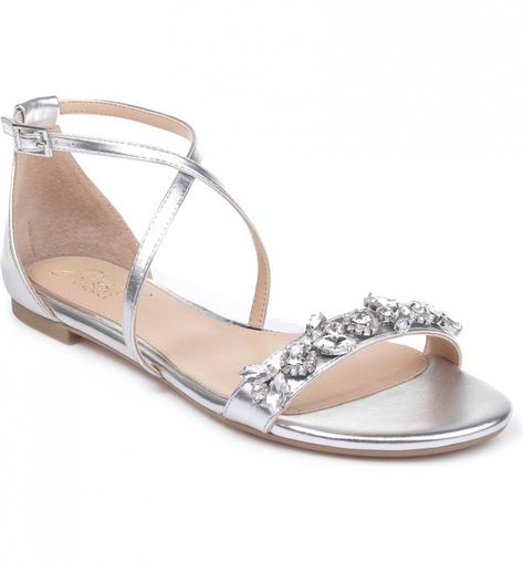 24 Wedding Sandals You Can Definitely Wear Again - flat silver sandal with x-strap and beaded strap across toes Wine Basket Gift Ideas, Wine Basket Gift, Bohemian Style Gown, Basket Gift Ideas, Wine Basket, Wedding Wedges, Beach Wedding Sandals, Jewel Badgley Mischka, Wedding Flats