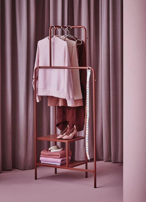 Our 5 Favorite Organizers From the 2020 IKEA Catalog | IKEA has designed the perfect alternative to that bedroom side chair where you end up tossing your coat and clothes: a sleek, free-standing closet. Two small shelves hold your favorite footwear, while the bars and hooks provide a home for your coats, scarves, and handbag.  #declutter #organizationtips #realsimple #storageideas #storagetips Side Chairs Bedroom, Standing Closet, Ikea Inspiration, Free Standing Closet, Table Ikea, Ikea Catalog, Minimalist Desk, Best Ikea, Beautiful Storage