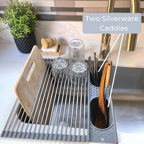 Ditch bulky plastic countertop drying racks for our space-saving roll-up dish rack! Our roll up dish rack is made from high quality food-grade silicone and stainless steel. It comes equipped with two spacious built-in, collapsible silverware caddies that can be used to store sustainable kitchen brushes, dish soap or dr Modern Dish Rack Ideas, Dry Rack Dishes, Kitchen Drying Rack Ideas Space Saving, Roll Up Dish Drying Rack, Countertop Dish Drying Rack, In Sink Drying Rack, Dish Rack In Sink, Farmhouse Sink Drying Rack, Farmhouse Sink Dish Drying Rack