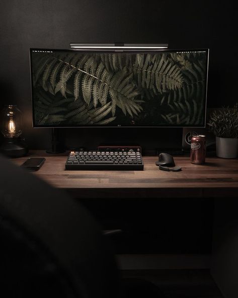 Dark Moody Office, Minimal Desk Setup, Home Office Dark, Moody Office, Setup Inspiration, Minimal Desk, Dream Desk, Computer Desk Setup, Desk Setups