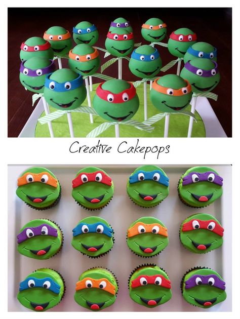 Tmnt Cake Birthdays, Turtle Cake Pops, Ninja Turtle Cake Pops, Ninja Turtle Birthday Cake, Ninja Turtle Cupcakes, Tmnt Cake, Turtle Cupcakes, Turtle Birthday Parties, Turtle Theme