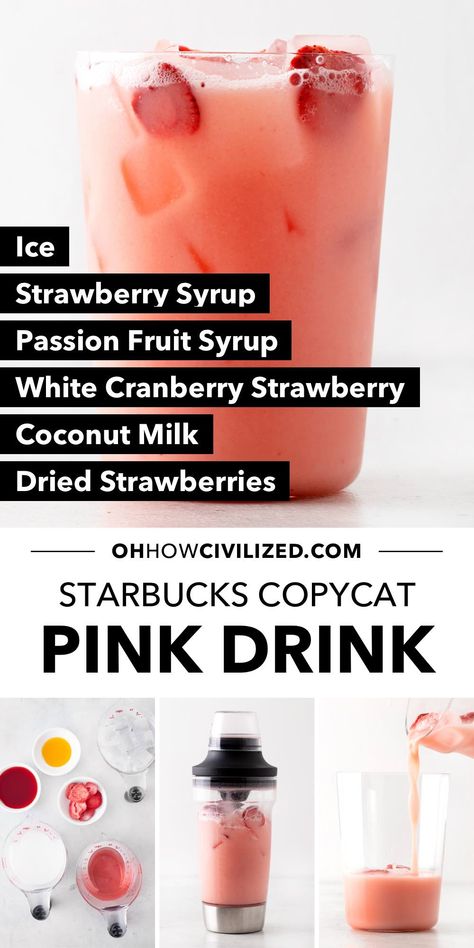 Homemade Starbucks Pink Drink - Oh, How Civilized Starbucks Pink Drink Recipe, Pink Drink Starbucks, Homemade Starbucks, Pink Drink Recipes, Matcha Lemonade, Drink Starbucks, Passion Fruit Syrup, Starbucks Strawberry, Drink At Home