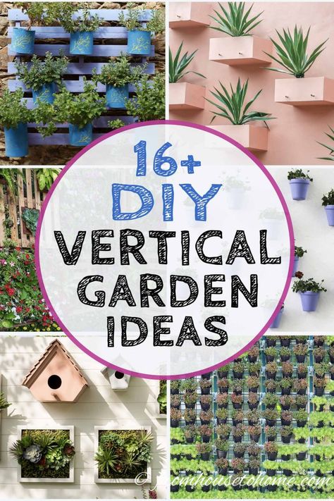 DIY Vertical Garden Ideas (For More Growing Space In Small Gardens) Garden Puns, Diy Vertical Garden, Vertical Pallet Garden, Taman Diy, Vertical Succulent Gardens, Vertical Garden Ideas, Grow Herbs, Vertical Garden Design, Vertical Vegetable Garden