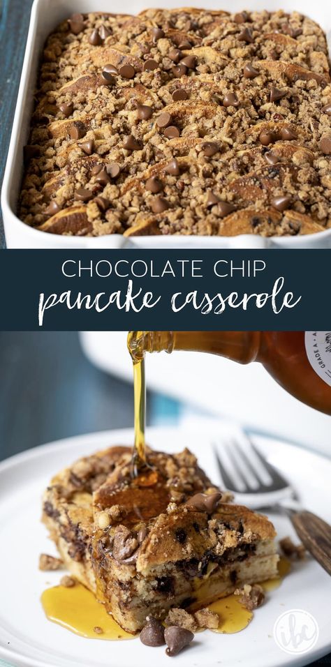 Leftover Pancakes Ideas, Pancake Breakfast Casserole, Overnight Breakfast Bake, Homemade Chocolate Chip Pancakes, Easy Overnight Breakfast, Pancake Casserole, Overnight Casserole, Chocolate Chip Pancake, Homemade Pancake Mix